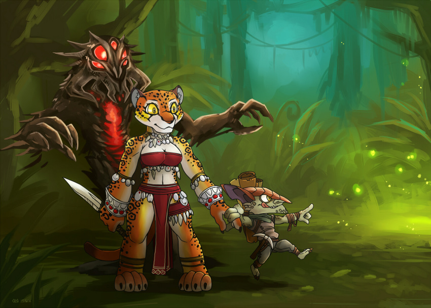 anthro breasts brown_body claws clothed clothing collar detailed_background duo felid female fur goblin grey_body hasbro hi_res holding_object holding_weapon humanoid knife link2004 magic:_the_gathering male mammal multicolored_body orange_body orange_fur pantherine partially_clothed smile tiger tongue tongue_out two_tone_body weapon white_body white_fur wild_nacatl wizards_of_the_coast yellow_eyes