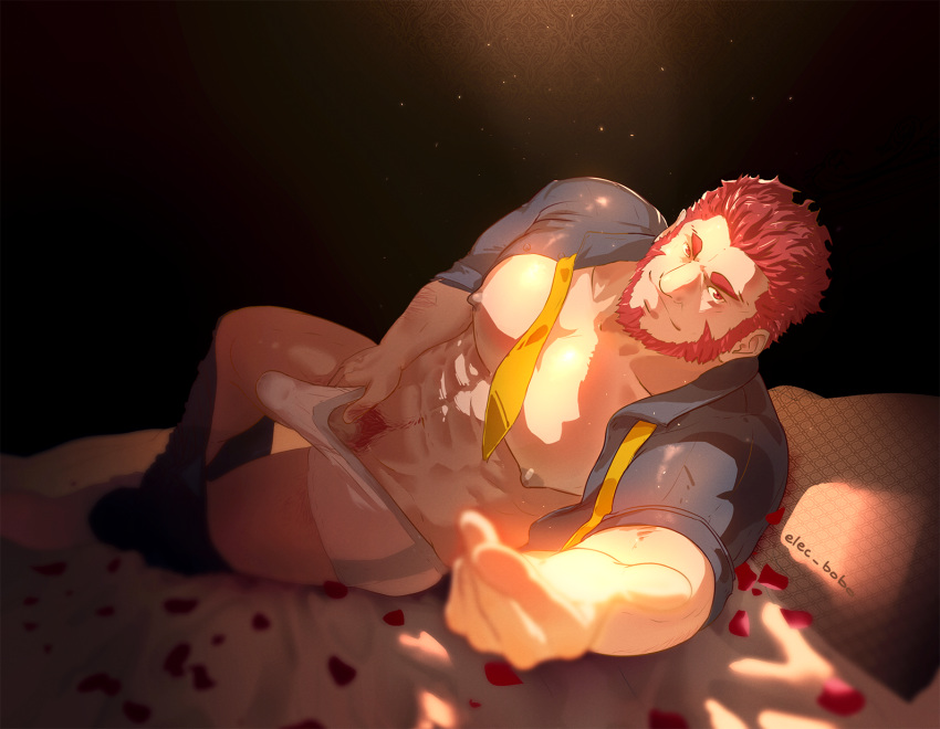 1boy abs bara beard body_hair bulge chest commentary_request elec_bobo erection erection_under_clothes facial_hair fate/grand_order fate_(series) highres iskandar_(fate) looking_at_viewer male_focus muscle nipples open_clothes open_shirt pants pants_removed pectorals petals protected_link pubic_hair red_eyes red_hair rose_petals smile solo underwear