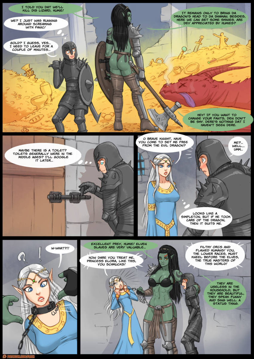?! big_breasts breasts comic dialogue dragon elf elora_(flick) english_text eugene_(flick) female flick-the-thief grash hi_res human humanoid larger_female male mammal orc size_difference smaller_female smaller_male text tongue tongue_out treasure x_eyes