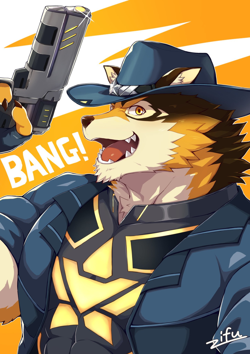 1boy animal_ear_fluff animal_ears bara beige_fur brown_fur character_request fingerless_gloves fox_boy fox_ears from_side gloves gun hat highres holding holding_gun holding_weapon live_a_hero looking_at_viewer male_focus muscle open_mouth orange_fur police police_hat police_uniform smile solo uniform upper_body weapon zifuuuun