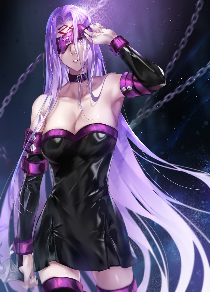 1girl black_dress black_footwear black_sleeves blindfold blindfold_lift boots breasts chain collar cowboy_shot dagger detached_sleeves dress facial_mark fate/stay_night fate_(series) forehead_mark highres holding holding_weapon large_breasts long_hair long_sleeves muneomon_(takomon) nameless_dagger one_eye_covered purple_blindfold purple_collar purple_hair rider short_dress solo square_pupils standing strapless strapless_dress thigh_boots thighhighs tube_dress very_long_hair weapon