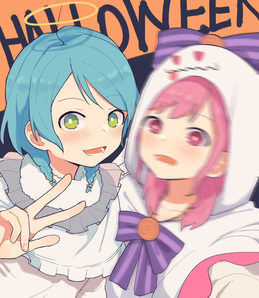 2girls :d angel_costume aqua_hair bang_dream! bangs blurry blush bow braid capelet cloak coldcat. collarbone commentary english_text eyebrows_visible_through_hair ghost_costume green_eyes hair_between_eyes hair_bow halloween halloween_costume halo highres hikawa_hina hood hood_up hooded_cloak long_hair long_sleeves looking_at_viewer lower_teeth maruyama_aya multiple_girls open_mouth pink_eyes pink_hair ribbon self_shot short_hair side_braids sidelocks smile upper_body v white_capelet white_cloak white_robe