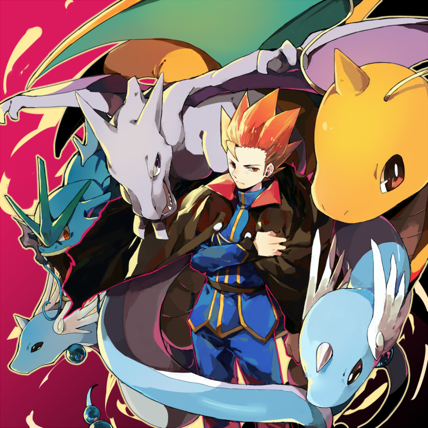 1boy aerodactyl black_cape blue_jacket blue_pants cape closed_mouth commentary dragonair dragonite gen_1_pokemon gyarados highres holding holding_cape jacket lance_(pokemon) long_sleeves looking_to_the_side noon_(noneness) orange_eyes orange_hair pants pokemon pokemon_(creature) pokemon_(game) pokemon_hgss spiked_hair