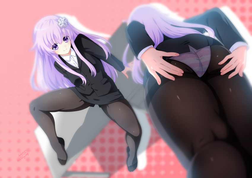 1girl alternate_costume black_legwear commission d-pad d-pad_hair_ornament eyebrows_visible_through_hair hair_between_eyes hair_ornament k.ty_(amejin) long_hair long_sleeves looking_at_viewer multiple_views nepgear neptune_(series) no_shoes panties panties_under_pantyhose pantyhose purple_eyes purple_hair sidelocks smile solo striped striped_panties underwear upper_body