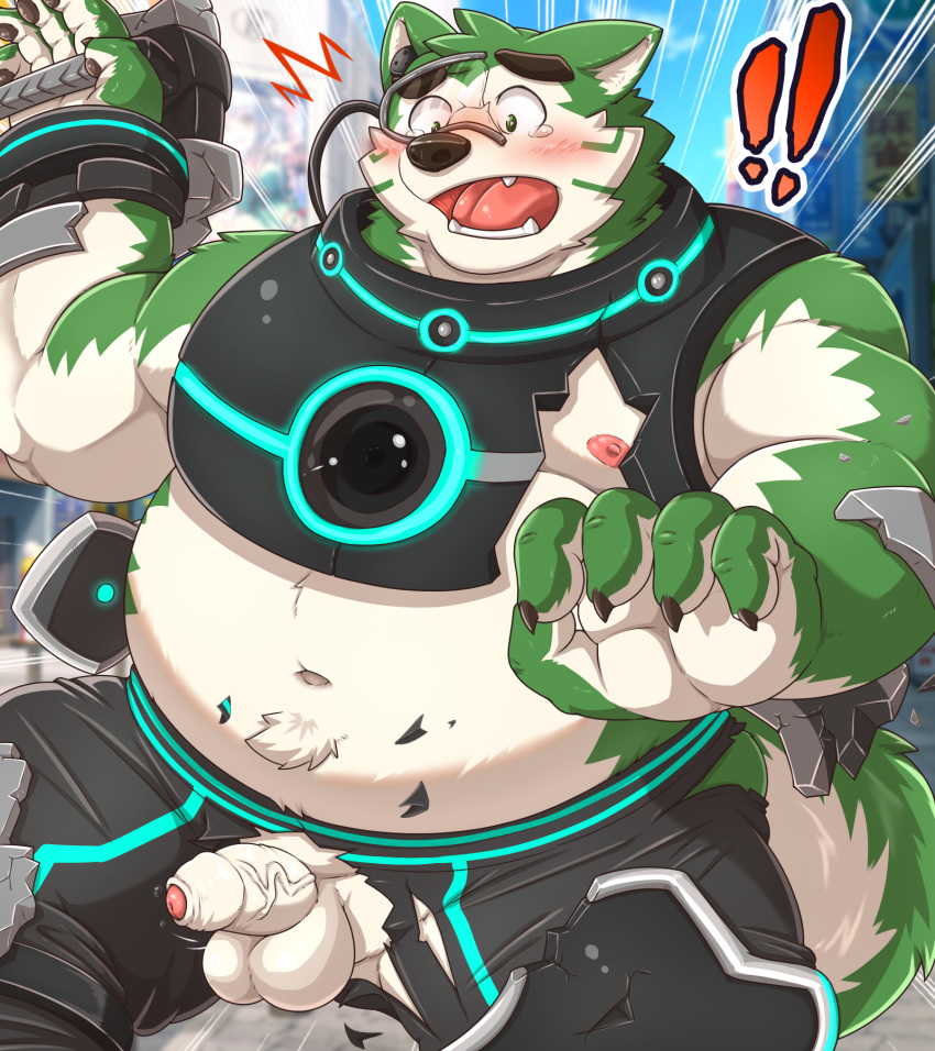 ! 2020 anthro balls belly blush bottomwear canid canine canis clothing domestic_dog fur gapao genitals green_body green_fur hi_res humanoid_hands kemono live-a-hero male mammal mokdai moobs nipples overweight overweight_anthro overweight_male pants penis solo video_games