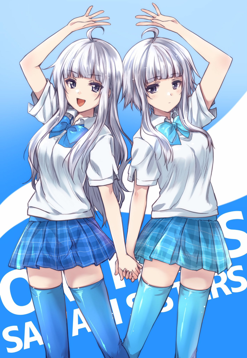 2girls :d ahoge arm_up background_text bangs ben-tou blue_background blue_bow blue_legwear blue_neckwear blue_skirt blunt_bangs bow bowtie character_name closed_mouth collared_shirt commentary_request eyebrows_visible_through_hair highres holding_hands kuroi_mimei light_frown long_hair looking_at_viewer miniskirt multiple_girls open_mouth plaid plaid_skirt pleated_skirt purple_eyes sawagi_kyou_(elder) sawagi_kyou_(younger) school_uniform shirt short_hair_with_long_locks short_sleeves siblings side-by-side sidelocks silver_hair sisters skirt smile standing symmetrical_hand_pose thighhighs twins white_shirt wing_collar