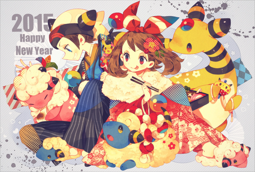 1boy 1girl :p ampharos bangs beanie blue_eyes bow_hairband brown_hair chopsticks commentary_request dated eyelashes flaaffy floating_hair gen_2_pokemon hairband happy_new_year hat highres holding holding_chopsticks japanese_clothes kimono long_sleeves mareep may_(pokemon) nengajou new_year pokemon pokemon_(creature) pokemon_(game) pokemon_oras red_eyes red_hairband slippers smile teeth tongue tongue_out yumenouchi_chiharu