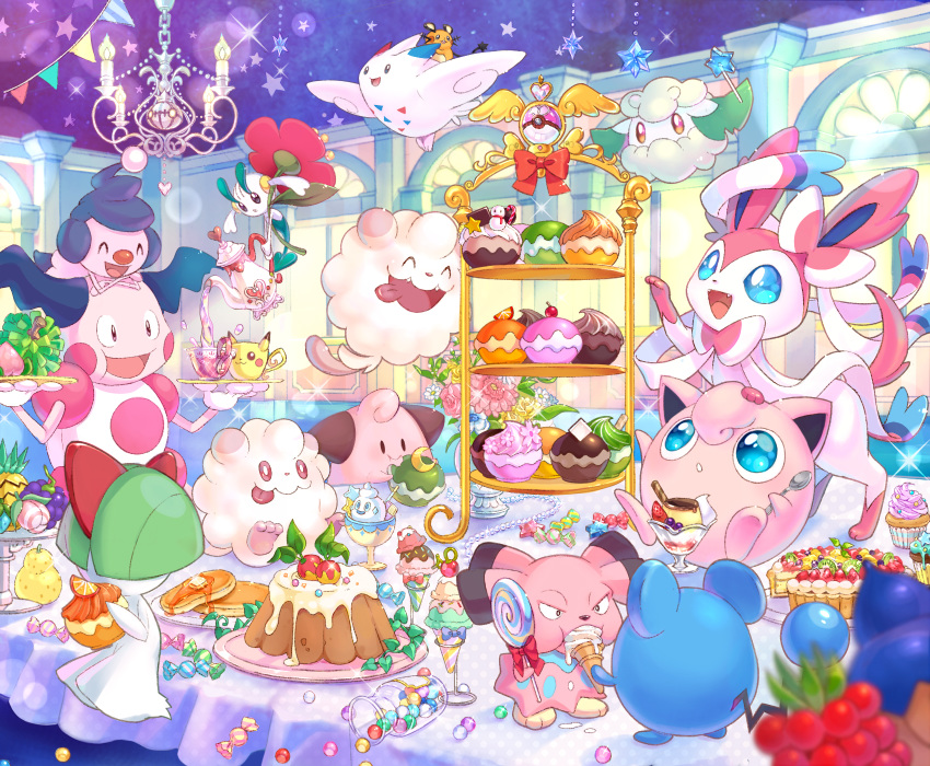 blue_eyes candy chandelier chandelure cleffa commentary_request cottonee cup cupcake dedenne eating fangs food gen_1_pokemon gen_2_pokemon gen_3_pokemon gen_4_pokemon gen_5_pokemon gen_6_pokemon highres holding holding_spoon indoors jigglypuff marill mime_jr. mr._mime open_mouth paws pikachu pokemon pokemon_(creature) pouring ralts riding_pokemon shiori_(xxxsi) sitting smile snubbull sparkle spoon star_(symbol) swirlix sylveon teacup teapot togekiss tongue tongue_out vanillite