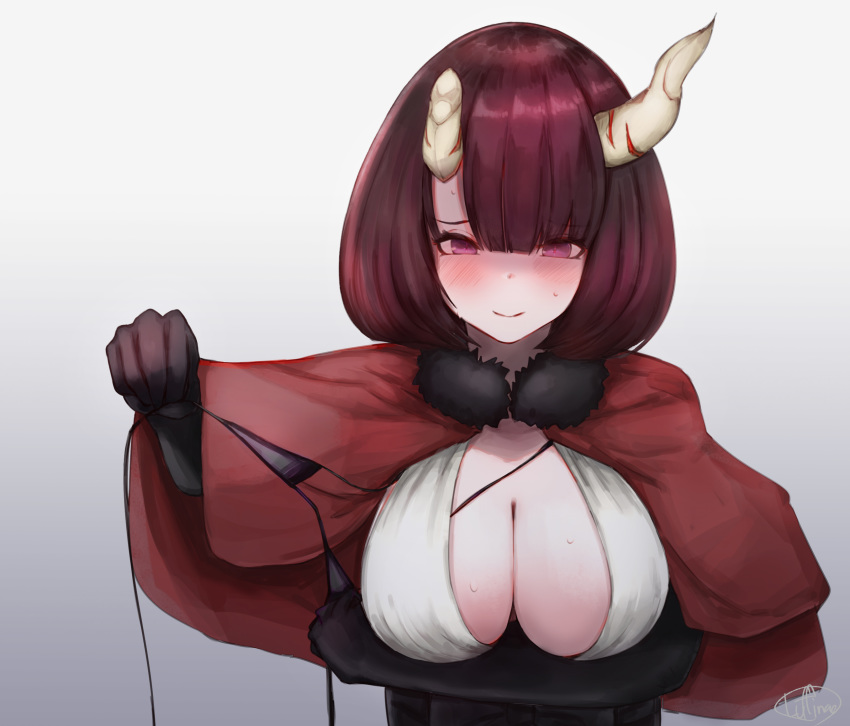1girl arm_under_breasts bangs black_gloves blush breasts broken_horn brown_hair capelet cleavage closed_mouth elbow_gloves gloves hemachi highres horns kuraishi_eriko large_breasts looking_at_viewer nose_blush princess_connect! princess_connect!_re:dive purple_eyes red_capelet smile solo sweat undressing untied_bra upper_body