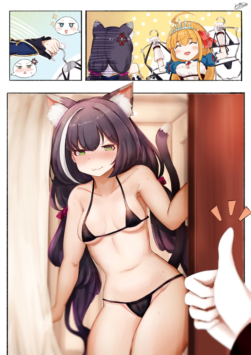 &gt;:3 +_+ 2girls :3 ahoge animal_ears bangs bikini black_bikini black_hair blonde_hair blush breasts cat_ears cat_tail changing_clothes cleavage closed_mouth clothes_hanger comic corset detached_sleeves door embarrassed eyebrows_visible_through_hair gloves green_eyes hair_ornament hair_scrunchie hemachi highres kyaru_(princess_connect) long_hair long_sleeves low_twintails medium_breasts micro_bikini multicolored_hair multiple_girls navel nose_blush opening_door pecorine princess_connect! princess_connect!_re:dive puffy_short_sleeves puffy_sleeves purple_scrunchie scrunchie short_sleeves streaked_hair sweat sweatdrop swimsuit tail tiara twintails v-shaped_eyebrows very_long_hair wavy_mouth white_gloves