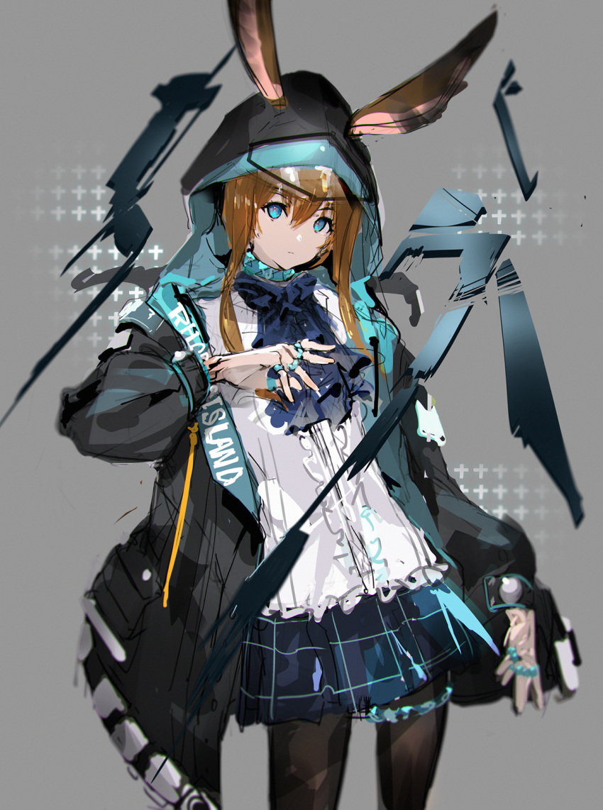 1girl amiya_(arknights) animal_ears arknights black_coat blouse blue_eyes blue_neckwear blue_skirt brown_hair brown_legwear bunny_ears closed_mouth coat contrapposto cowboy_shot cravat ears_through_headwear hand_up highres hood hood_up hooded_coat jewelry long_sleeves looking_at_viewer miniskirt open_clothes open_coat pantyhose ring sidelocks skirt so-bin solo standing white_blouse