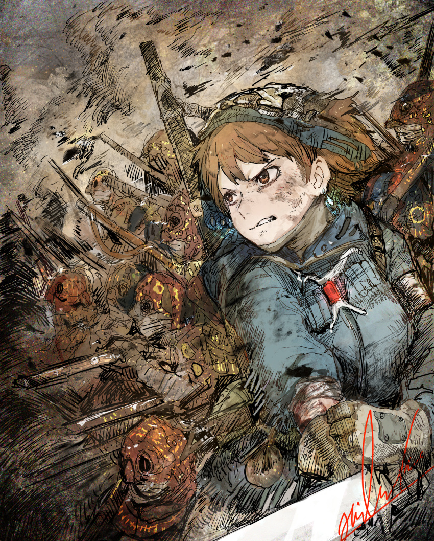 1girl absurdres bandages bangs brown_eyes brown_hair clenched_teeth drop_earrings earrings gloves gun helmet highres hiranko holding holding_gun holding_weapon huge_filesize jewelry kaze_no_tani_no_nausicaa nausicaa rifle short_hair smoke teeth torn_clothes weapon