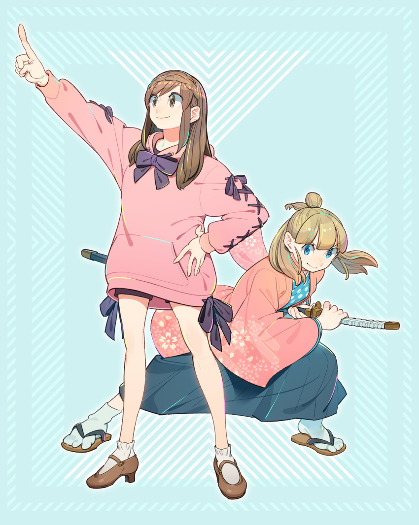 2girls bangs black_bow blue_eyes bow brown_eyes brown_hair full_body hair_bun haori highres hood hoodie index_finger_raised japanese_clothes long_hair long_sleeves multiple_girls nobile1031 original pink_hoodie sandals socks sword toe_socks weapon