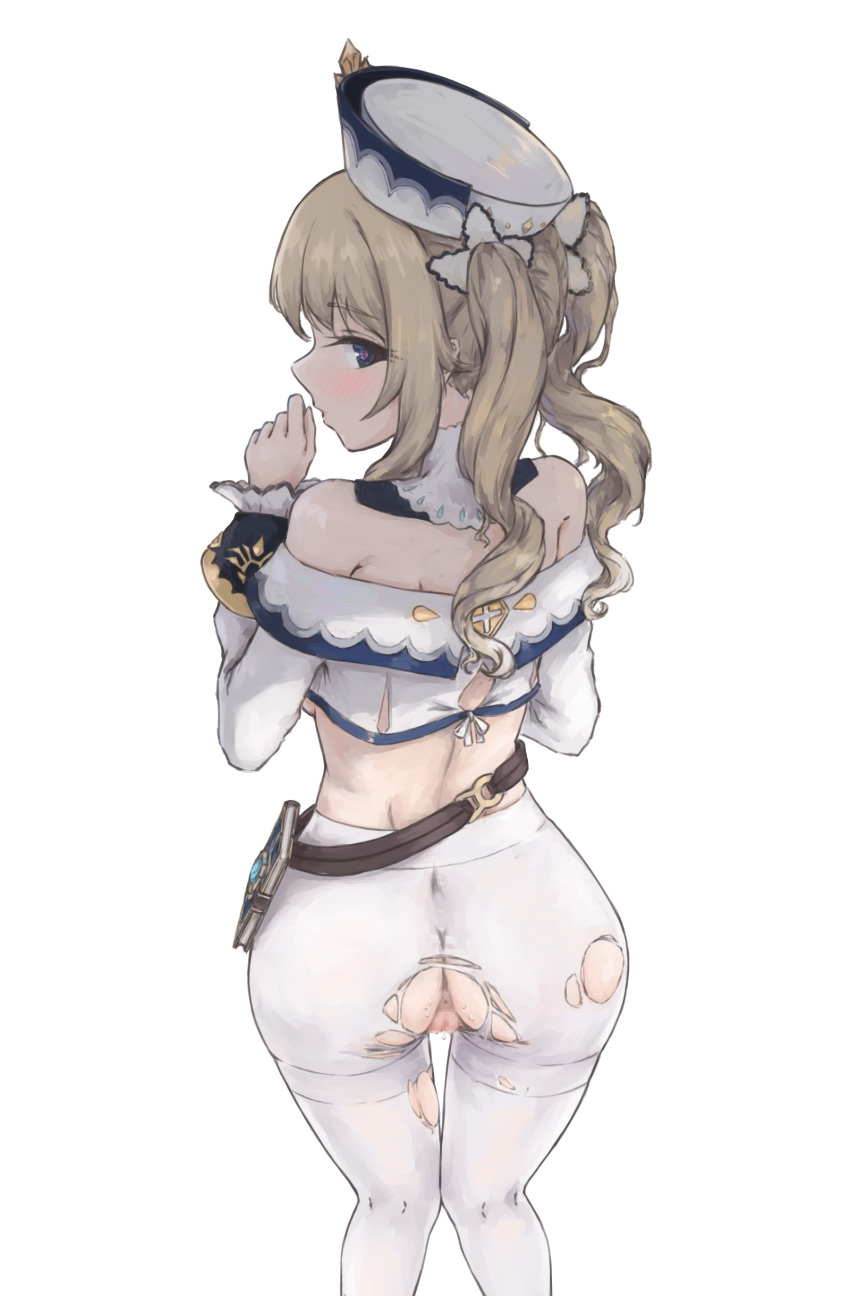 absurdres anus ass barbara_(genshin_impact) bare_shoulders blonde_hair blue_eyes blush censored detached_collar drill_hair from_behind genshin_impact highres long_sleeves looking_at_viewer looking_back midriff mosaic_censoring pantyhose priestess pussy pussy_juice sidelocks torn_clothes torn_legwear twin_drills vremyatsay white_background white_headwear white_legwear white_sleeves