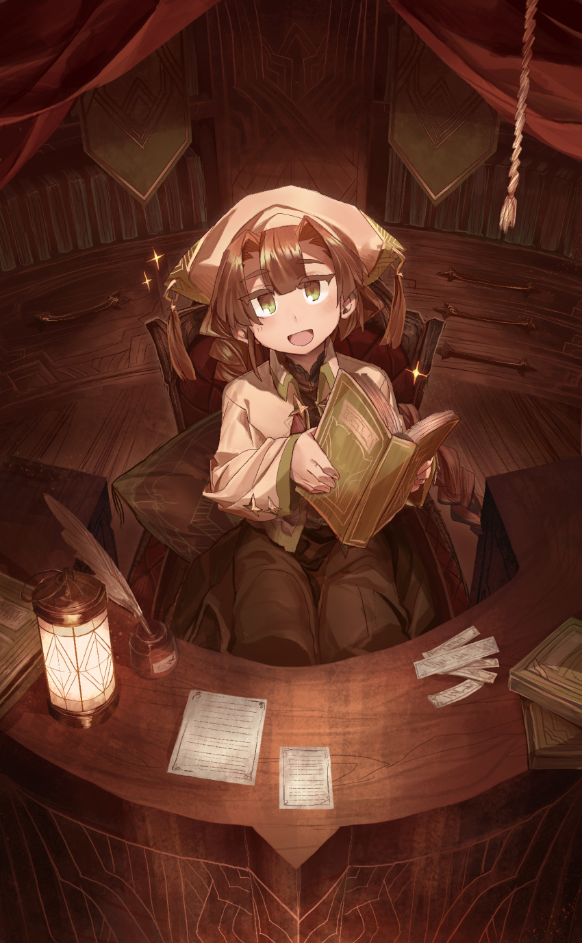 1girl :d book bookshelf braid brown_eyes brown_hair chair green_eyes head_scarf head_tilt highres holding holding_book ink_bottle lantern library long_sleeves looking_at_viewer multicolored multicolored_eyes open_book open_mouth original paper quill shichigatsu single_braid sitting smile solo