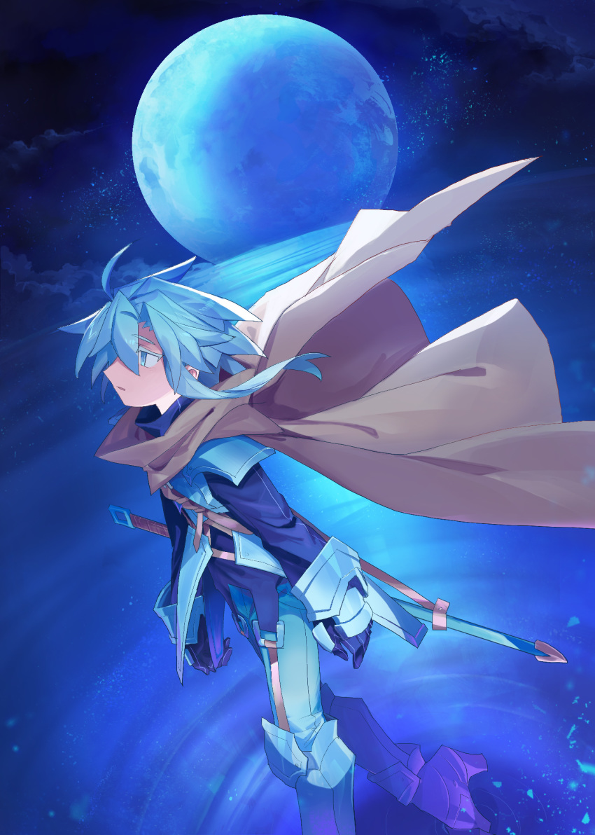 1other androgynous armor blue_eyes blue_hair blue_sky blue_theme breastplate brown_cape cape from_side full_moon gauntlets highres metal_boots moon original outdoors pants parted_lips pauldrons shichigatsu shoulder_armor sky solo suspenders walking walking_on_liquid white_pants