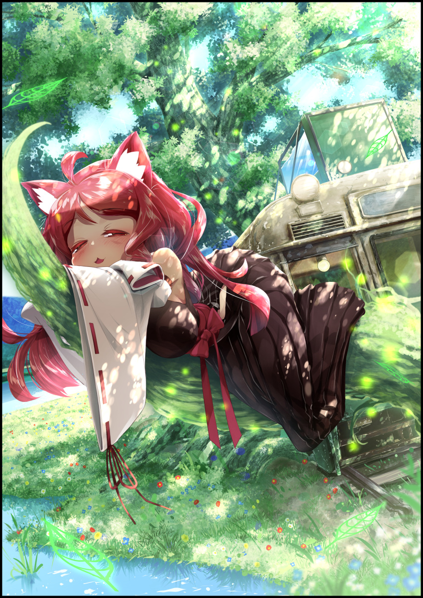 1girl :3 absurdres ahoge animal_ears bangs bare_shoulders black_border black_kimono blue_flower blue_sky blush border bow breasts cat_ears cluseller crossed_arms dappled_sunlight day detached_sleeves eyebrows_visible_through_hair flower full_body grass half-closed_eyes happy highres hip_vent hiroshima_electric_railway_type_1900 japanese_clothes kemurikusa kimono large_breasts leaf lens_flare long_hair looking_at_viewer lying midori_(kemurikusa) obi on_stomach open_mouth outdoors red_bow red_eyes red_flower red_hair ribbon-trimmed_sleeves ribbon_trim ritsu_(kemurikusa) sash shiny shiny_hair sky sleeves_past_fingers sleeves_past_wrists smile solo streetcar sunlight tree water white_flower yellow_flower