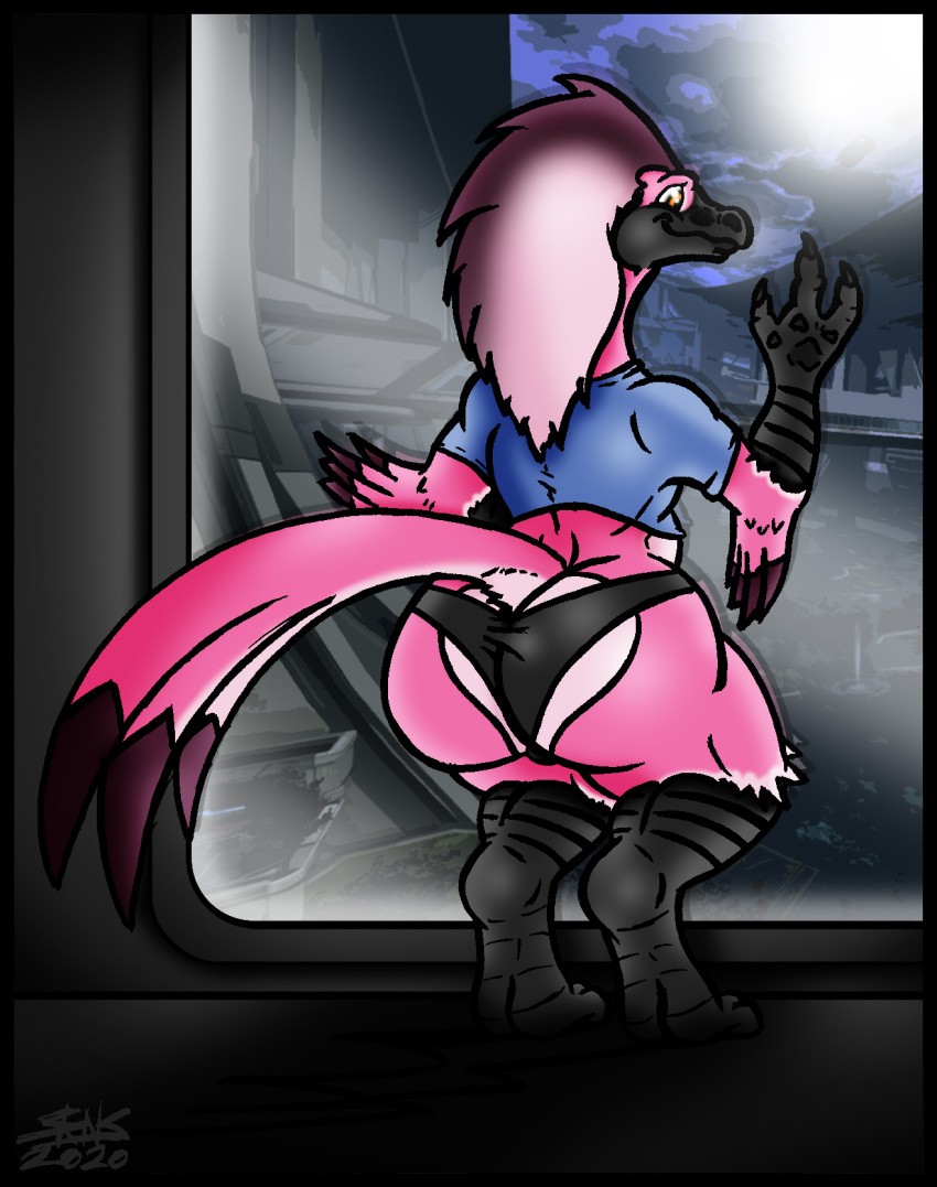 alien avian beak big_butt black_border border butt clothing crop_top fan_character feather_hair feathers hi_res long_neck long_tail male mass_effect panties pink_body pseudo_hair rakeku raloi shaded shirt skianous slightly_chubby solo tail_feathers topwear underwear video_games yellow_eyes