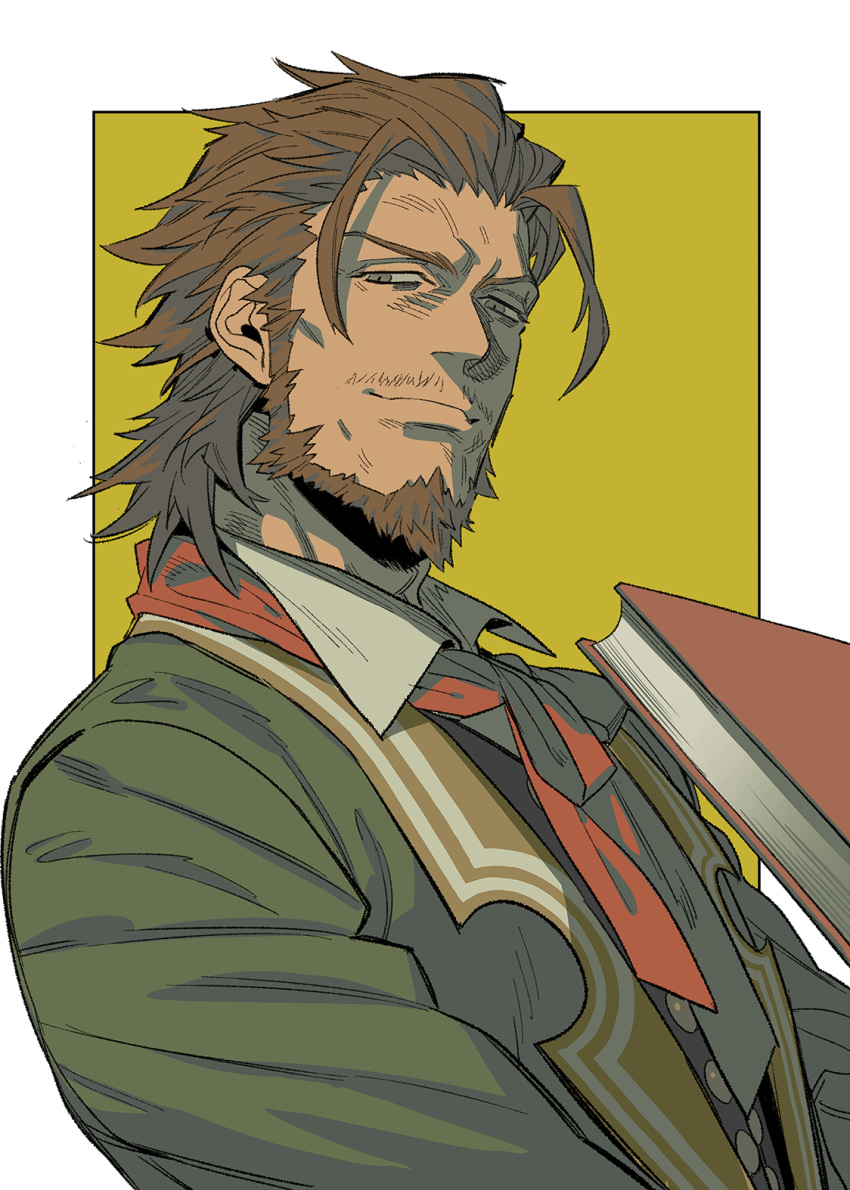 1boy beard book brown_eyes brown_hair character_name coat collared_shirt facial_hair fate/apocrypha fate_(series) green_coat highres holding holding_book long_sleeves looking_at_viewer male_focus medium_hair muni_(fdrk) mustache red_neckwear renaissance_clothes shirt simple_background smile solo stubble textless upper_body william_shakespeare_(fate)