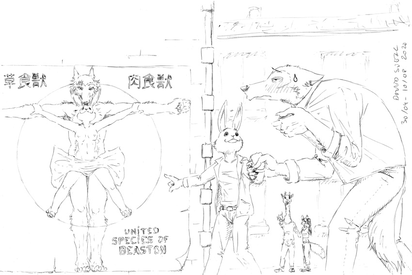 2020 anthro arms_spread asthexiancal beastars being_watched black_and_white blush bodily_fluids bottomwear breasts canid canine canis clothed clothing covering covering_crotch domestic_rabbit duo_focus dwarf_rabbit embarrassed english_text eye_contact feet_together female female_on_top fox fur gesture giraffe giraffid grabbing_jacket group hand_holding haru_(beastars) hi_res holding_arms hunched_over jacket japanese_text lagomorph larger_male legoshi_(beastars) leporid looking_at_another looking_at_partner looking_down looking_up lying male male/female male_on_bottom mammal monochrome navel nipples nude on_back on_bottom on_top oryctolagus pants photoshoot pointing pose poster predator/prey rabbit romantic_couple shirt size_difference smaller_female spread_eagle sweat sweatdrop text topwear traditional_media_(artwork) wall_(disambiguation) wolf