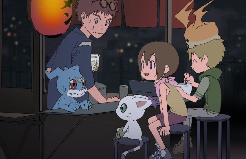 1girl 2boys absurdres bandana bar_stool brown_eyes brown_hair chopsticks closed_eyes closed_mouth digimon digimon_adventure digimon_adventure_02 glasses highres motomiya_daisuke multiple_boys open_mouth patamon short_hair shorts smile stool sweatdrop tail tailmon takaishi_takeru tantanmen veemon yagami_hikari