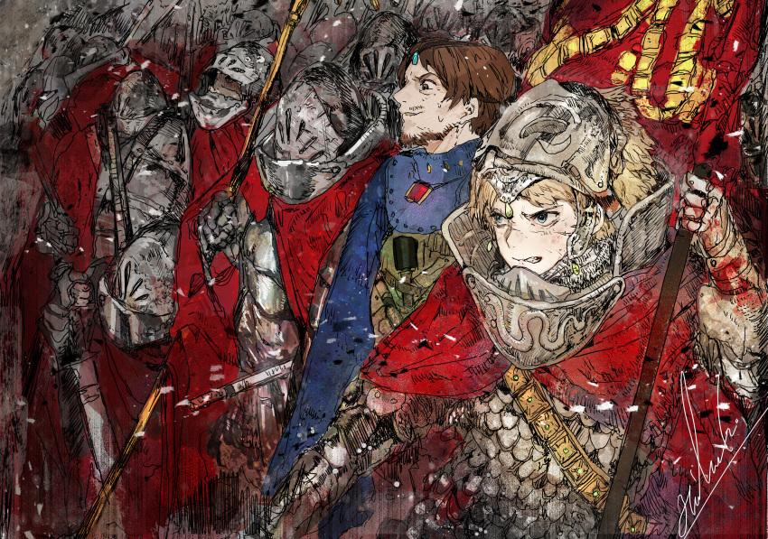 1boy 1girl absurdres armor blonde_hair blue_eyes brown_hair cape chainmail clenched_teeth facial_hair flag full_armor gauntlets helmet highres hiranko holding holding_flag huge_filesize kaze_no_tani_no_nausicaa knight kurotowa kushana red_cape short_hair sweat teeth