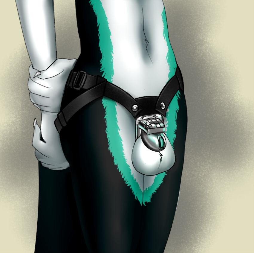 anthro balls black_body black_fur chastity_belt chastity_cage chastity_device claws countershading diesis_schmitt fur genitals green_highlights hands_behind_back harness highlights_(coloring) male sergal slim solo stockingfan torso_shot white_body white_fur