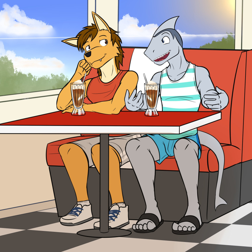 1:1 anthro beverage bottomwear canid canine canis clothed clothing coyote diner duo fish flip_flops footwear fully_clothed fuze hi_res ian_(fuze) male mammal marine mond_reyes sandals shark shirt shoes shorts sitting tank_top texnatsu topwear