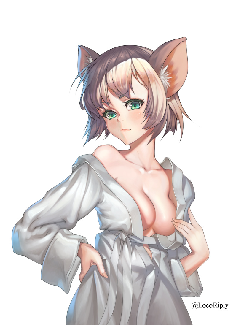 1girl animal_ears blonde_hair breasts chinese_zodiac cleavage dmitriy_samarkin green_eyes hand_on_hip highres long_sleeves looking_at_viewer medium_breasts mouse_ears mouse_girl off-shoulder_robe off_shoulder original personification short_hair simple_background smile solo upper_body white_background white_robe wide_sleeves year_of_the_rat