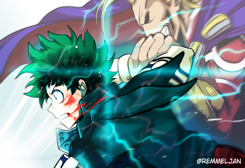2boys absurdres all_might blonde_hair blood blood_on_face boku_no_hero_academia cape clenched_teeth facing_to_the_side freckles gradient_hair green_eyes green_hair green_jacket grin hand_on_another's_arm highres huge_filesize jacket lightning male_focus midoriya_izuku motion_blur multicolored_hair multiple_boys muscle remumeru short_hair simple_background smile superhero teeth upper_body