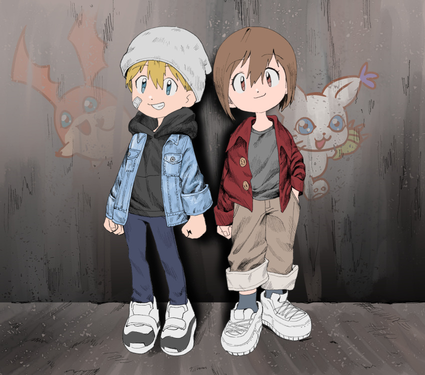 1boy 1girl blonde_hair blue_eyes brown_eyes brown_hair closed_mouth denim digimon digimon_adventure graffiti hat highres jeans looking_at_viewer open_mouth pants patamon short_hair smile tailmon takaishi_takeru tantanmen yagami_hikari