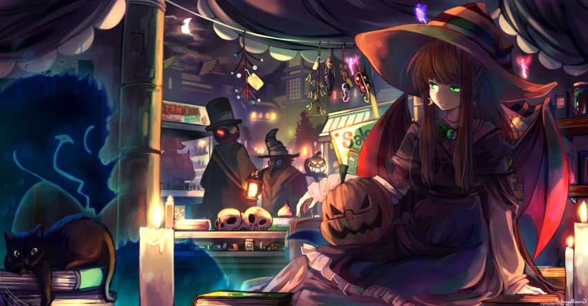 1girl alternate_costume black_cat book brown_hair candle cat commentary crescent crescent_earrings demon_wings doki_doki_literature_club earrings english_commentary eyepatch fairy green_eyes halloween hat jack-o'-lantern jewelry long_hair long_sleeves looking_away monika_(doki_doki_literature_club) parted_lips sidelocks signature sitting skull smile stall takuyarawr top_hat wings witch_hat