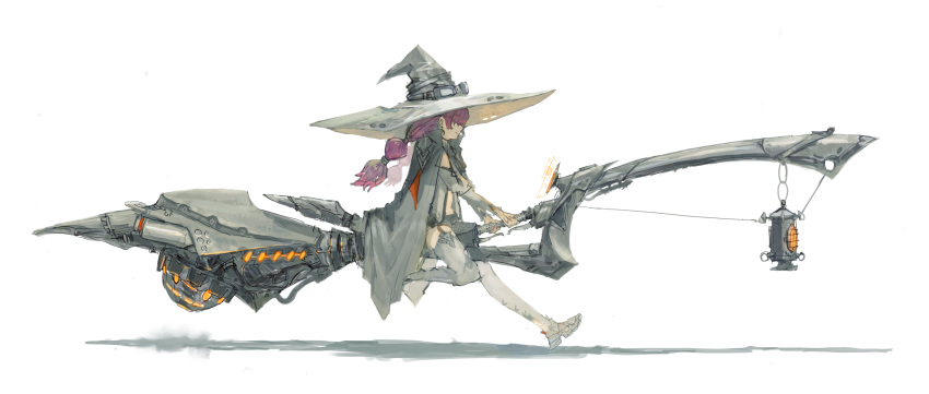 1girl absurdres broom cape chain collared_cape commentary_request covered_eyes from_side garter_straps glowing goggles goggles_on_headwear grey_legwear hair_over_eyes hat highres hover_bike lantern large_hat long_hair original ponytail purple_hair purple_nails short_shorts shorts simple_background sketch smile thighhighs tomok1 white_background witch witch_hat
