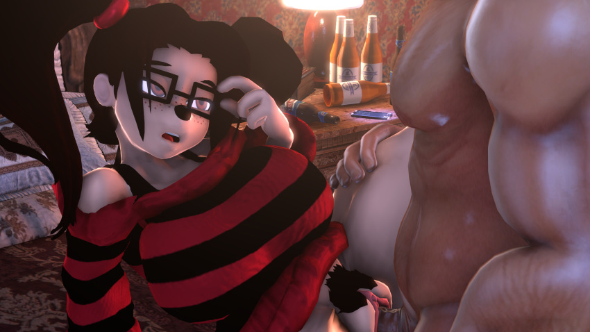 16:9 3d_(artwork) anthro bed bedroom beer_bottle big_breasts bottle brandi breasts canid canine canis clothed clothing digital_media_(artwork) disney domestic_dog duo eyewear fan_character female female_penetrated freckles furniture genitals glasses goof_troop hair hi_res huge_breasts human humanoid_genitalia humanoid_penis kimi_yagami lamp leg_grab lying male male/female male_penetrating male_penetrating_female mammal missionary_position muscular nightstand on_back on_bed open_mouth partially_clothed penetration penis phone pigtails pubes pussy sex source_filmmaker sweater topwear vaginal vaginal_penetration widescreen