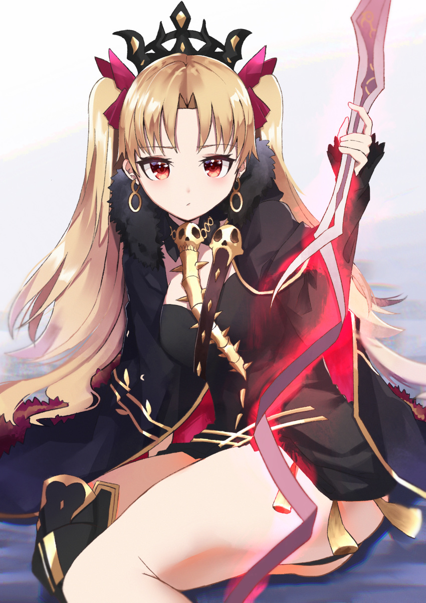 1girl absurdres artist_request asymmetrical_legwear bangs black_dress blonde_hair blush breasts cape dress earrings ereshkigal_(fate/grand_order) fate/grand_order fate_(series) gold_trim highres hood hooded_cape hoop_earrings huge_filesize infinity jewelry long_hair looking_at_viewer medium_breasts meslamtaea_(weapon) parted_bangs polearm short_dress single_thighhigh sitting skull spear spine thighhighs thighs tiara two_side_up weapon