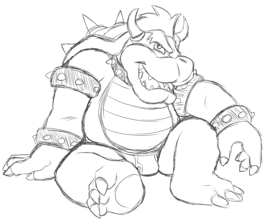 anthro barefoot black_and_white bowser briefs bulge clothing cuff_links koopa male mario_bros monochrome nintendo open_mouth scalie simple_background sketch solo teeth_showing thegreatmatsutzu tongue_showing underwear video_games white_background