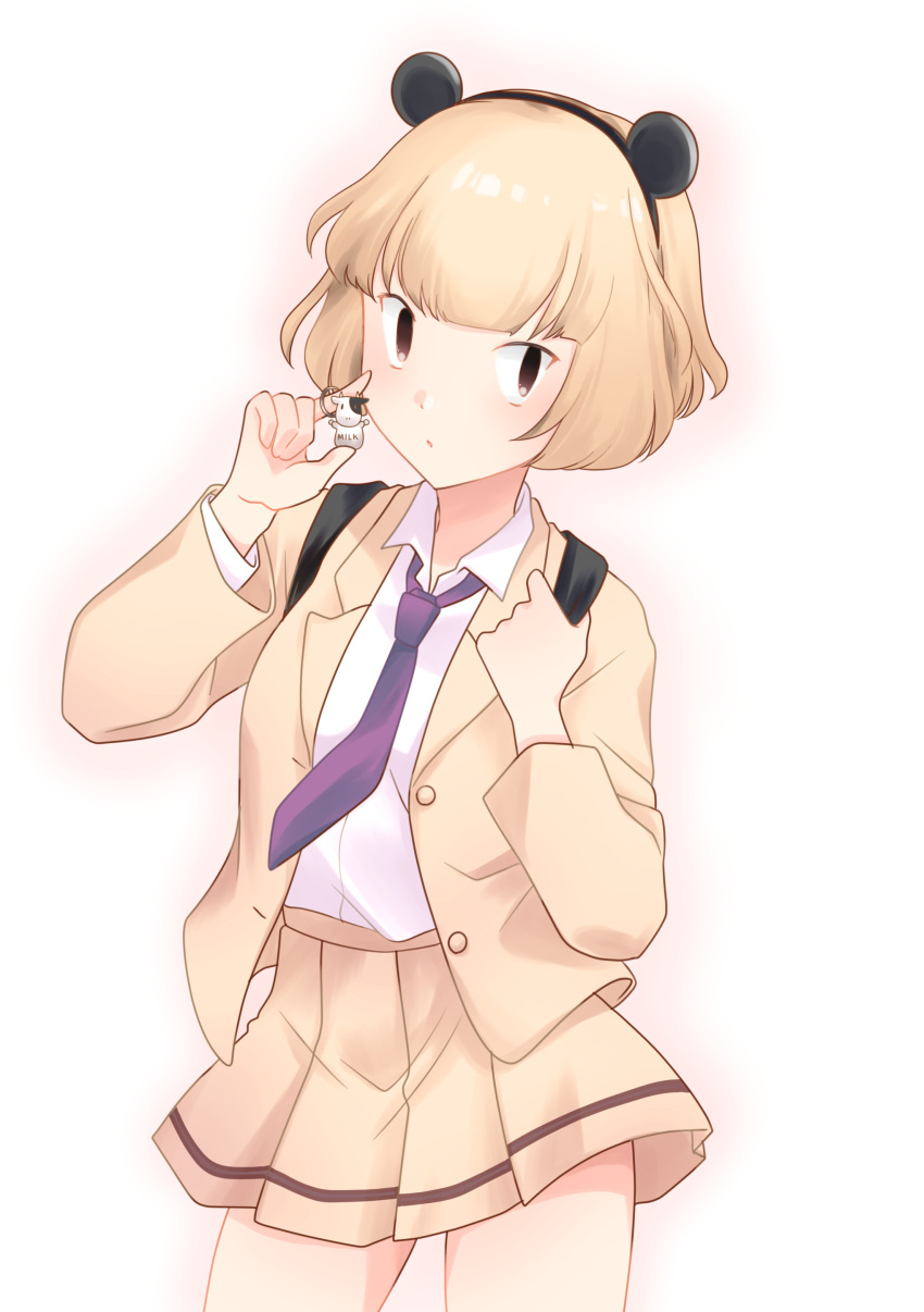 1girl absurdres animal_ears backpack bag bangs black_hairband blazer blonde_hair blunt_bangs brown_eyes charm_(object) collared_shirt commentary_request cowboy_shot fake_animal_ears hairband highres hikaru_(ofuton_at5) holding holding_charm holding_strap jacket looking_at_viewer mouse_ears necktie open_blazer open_clothes open_jacket pleated_skirt purple_neckwear school_uniform shirt shirt_tucked_in short_hair simple_background skirt solo standing uchi_emiri unusually_open_eyes watashi_ga_motenai_no_wa_dou_kangaetemo_omaera_ga_warui! white_background white_shirt yellow_jacket yellow_skirt