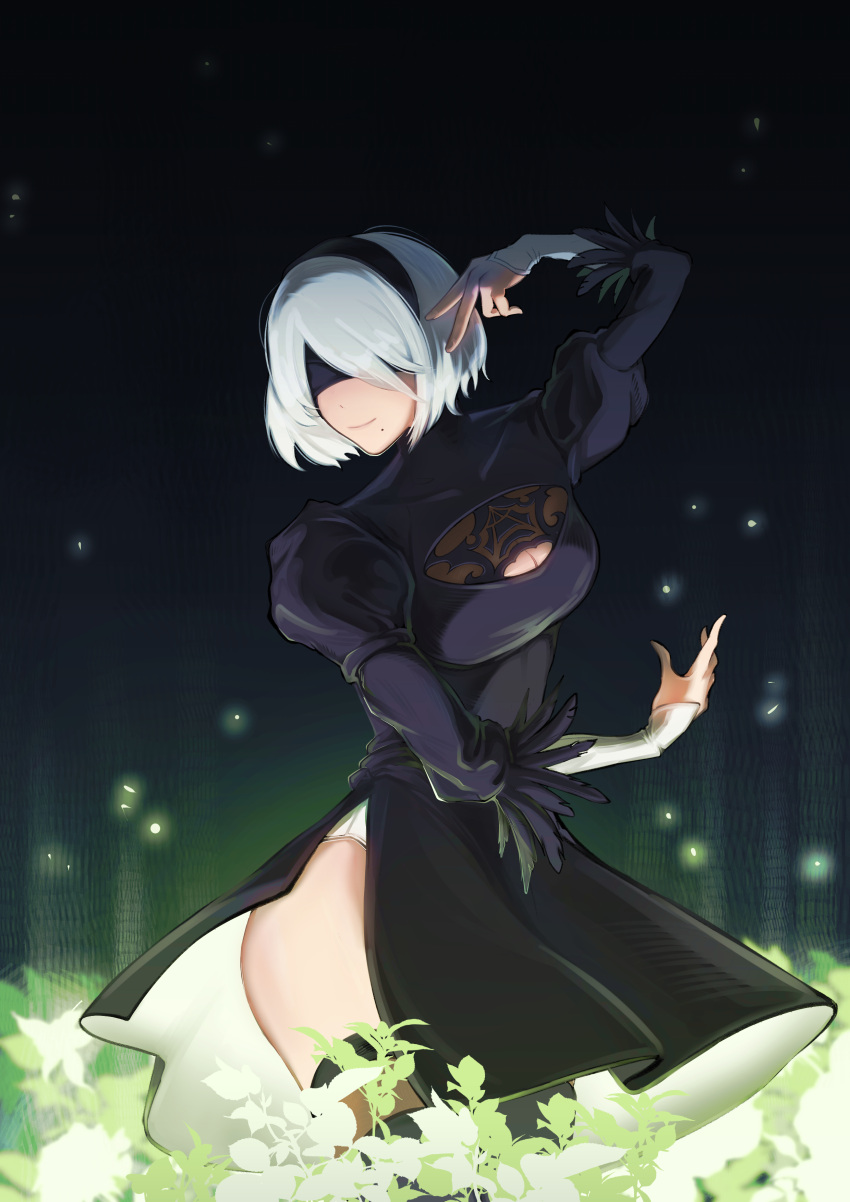 1girl absurdres black_dress black_hairband breasts cleavage cleavage_cutout clothing_cutout commentary dress field flower flower_field hairband hapegi highres light_particles medium_breasts mole mole_under_eye nier_(series) nier_automata open_hand pose short_hair smile solo v white_flower white_hair yorha_no._2_type_b
