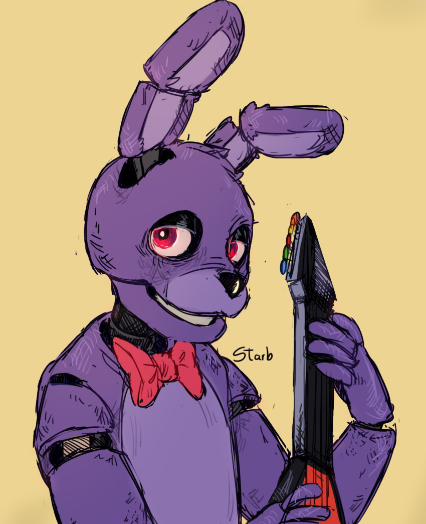 2020 animatronic anthro black_nose bonnie_(fnaf) bow_tie dipstick_ears fingers five_nights_at_freddy's guitar half-closed_eyes hi_res lagomorph leporid machine male male_(lore) mammal multicolored_ears musical_instrument narrowed_eyes plucked_string_instrument purple_body rabbit robot simple_background skeletoninthemelonland smile solo standing string_instrument video_games yellow_background