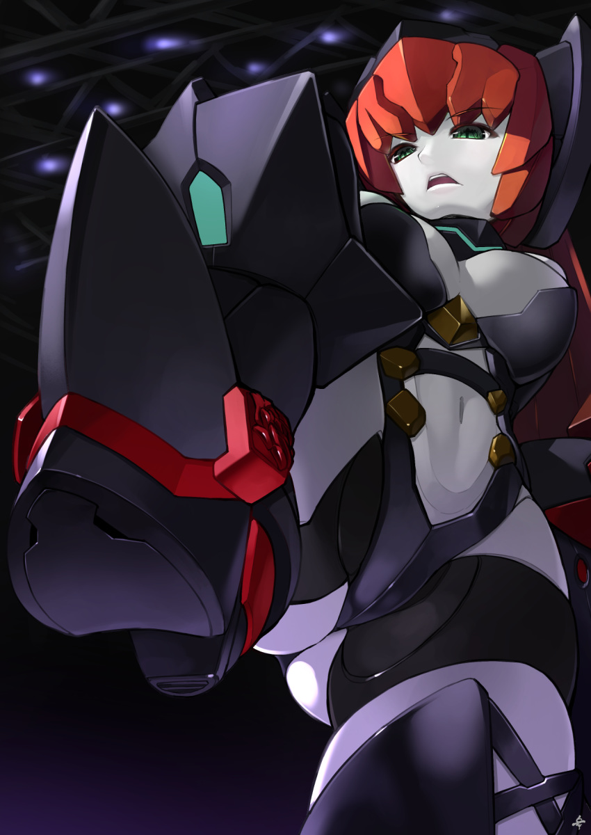 1girl android ass ass_visible_through_thighs bondage_outfit boots breasts disdain doll_joints dominatrix green_eyes highres humanoid_robot joints large_breasts leg_up long_hair looking_at_viewer looking_down metal_skin navel open_mouth rati_(absoluteblue) red_hair revealing_clothes robot robot_joints robot_neoanthropinae_polynian roza_(polynian) solo standing thigh_boots thighhighs white_skin