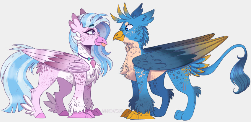 avian beak blonde_hair blue_eyes blue_hair duo european_mythology eye_contact feather_tuft feathered_wings feathers female feral friendship_is_magic gallus_(mlp) greek_mythology gryphon hair hasbro hi_res highlights_(coloring) hippogriff jewelry looking_at_another male my_little_pony mythological_avian mythology necklace pink_body pink_feathers purple_eyes silverstream_(mlp) tongue tongue_out tuft wanderingpegasus wings