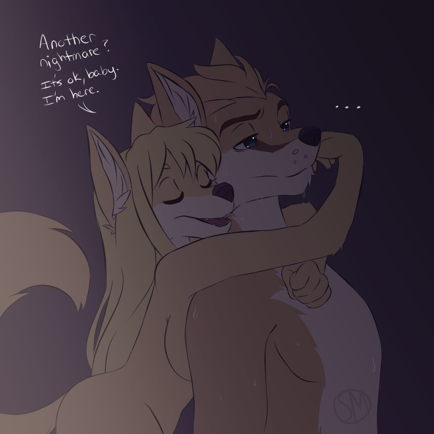 1:1 anthro black_nose blonde_hair blue_eyes bodily_fluids breasts canid canine chet_(ramjet556) dark_room dialogue duo eyes_closed female fox fur hair hi_res hug hugging_from_behind lexi_sermont long_hair male male/female mammal neck_hug nude orange_body orange_fur orange_hair short_hair side_boob sinamuna sweat tired_eyes watermark yellow_body yellow_fur