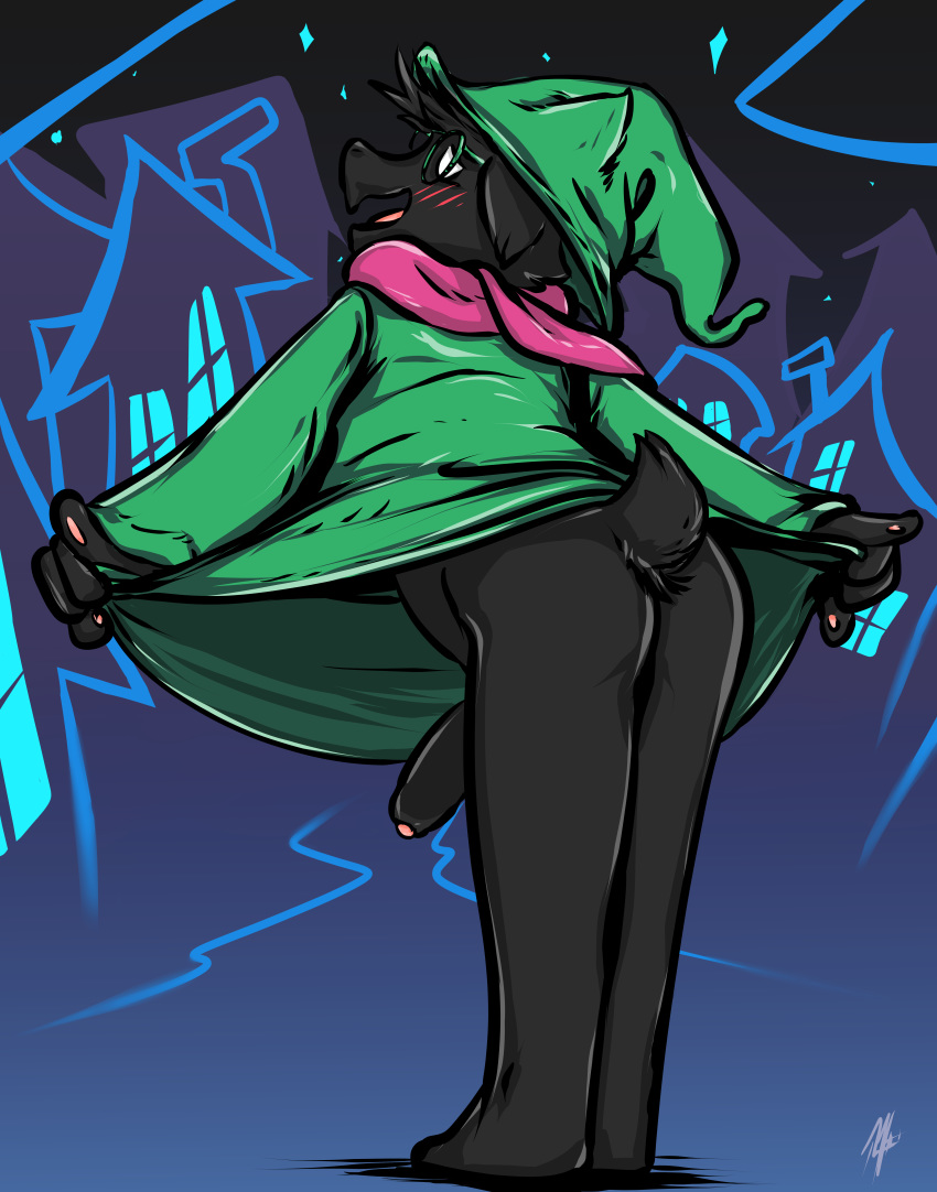 absurd_res anthro blush bovid butt caprine deltarune flirtatious flirting flirting_with_viewer genitals goat hi_res looking_at_viewer male male/male mammal penis raised_tail ralsei renoit solo video_games wiggle wiggling_hips