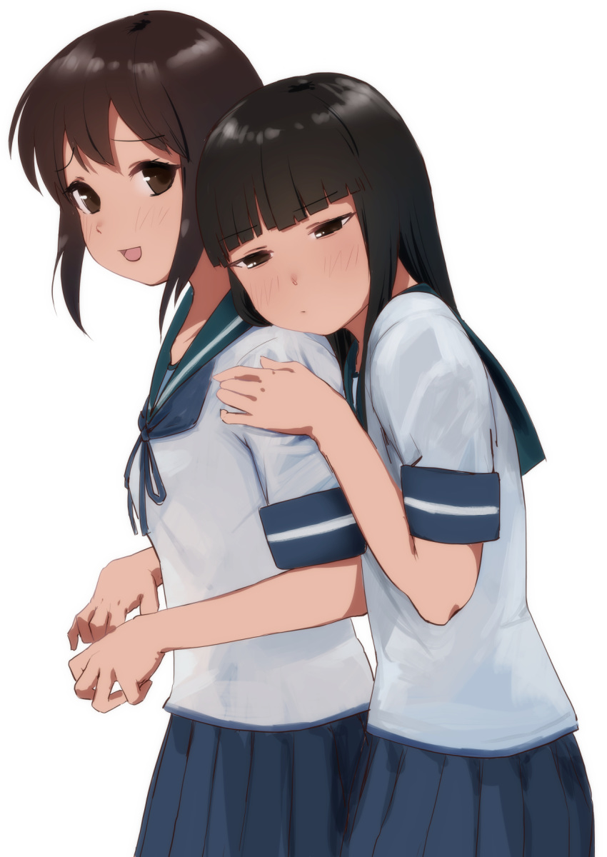 2girls bangs black_eyes black_hair blue_sailor_collar blue_skirt blunt_bangs brown_eyes collared_shirt commentary_request fubuki_(kantai_collection) hatsuyuki_(kantai_collection) highres hime_cut kantai_collection long_hair low_ponytail multiple_girls pleated_skirt ponytail sailor_collar sakieko school_uniform serafuku shirt short_ponytail sidelocks simple_background skirt white_background