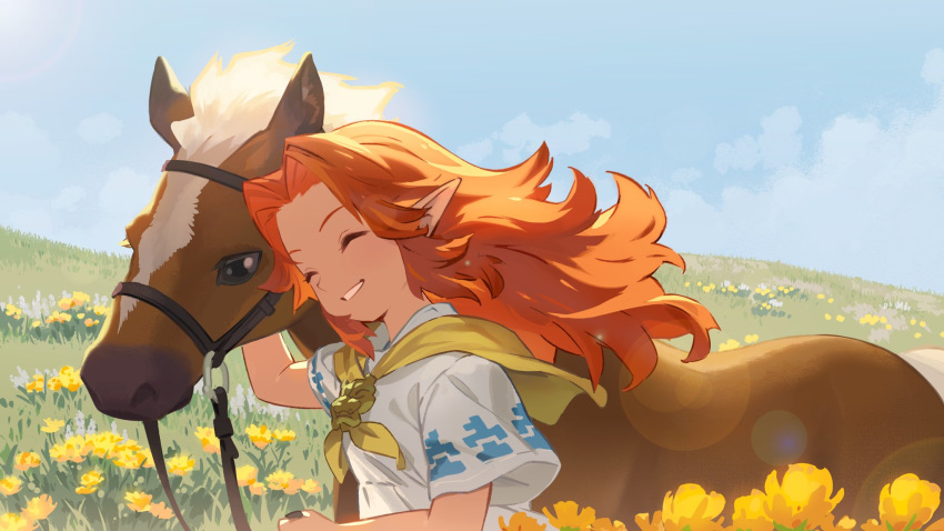 1girl animal arm_up blanco026 blue_eyes blue_sky brown_hair child closed_eyes cloud commentary day dress epona field flower highres horse long_hair malon orange_hair outdoors parted_lips pointy_ears short_sleeves sky smile solo teeth the_legend_of_zelda the_legend_of_zelda:_ocarina_of_time upper_body white_dress yellow_flower