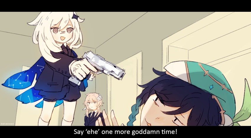 1boy 2girls anger_vein angry batensan blonde_hair braid cape flower formal genshin_impact gradient_hair gun hair_flower hair_ornament handgun hands_up hat highres lumine_(genshin_impact) meme multicolored_hair multiple_girls paimon_(genshin_impact) pistol platinum_blonde_hair pulp_fiction suit venti_(genshin_impact) weapon