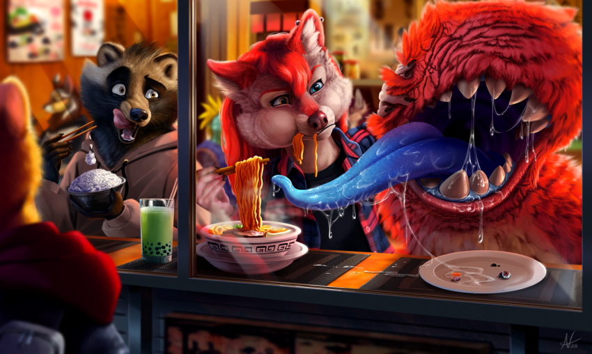 anthro beverage bodily_fluids bowl bubble_tea canid canine canis darkflamewolf drool_string duo ear_piercing eating eating_food female fluffy food furniture heterochromia inner_ear_fluff male mammal noodles piercing plate raccoon_dog restaurant saliva saliva_string sushi table tail_maw tail_mouth tanuki taylor_renee_wolford_(darkflamewolf) tea teeth teeth_showing tongue tongue_out tuft veyz wolf