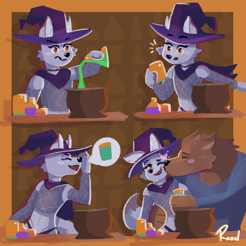 1:1 anthro brewing canid canine canis cauldron comic couple_(disambiguation) duo halloween hi_res holidays kissing magic_user male male/male mammal potion rozel were werecanid werecanine werewolf witch wolf