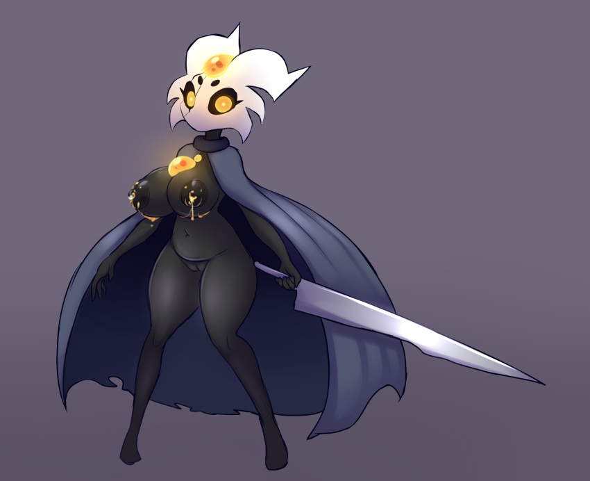 anthro areola arthropod big_breasts black_body black_skin bodily_fluids breasts cape clothing elfdrago female genitals hi_res holding_object holding_weapon hollow_knight lactating mask nail_(weapon) nipples non-mammal_breasts orange_eyes pussy simple_background slightly_chubby solo standing team_cherry thick_thighs vessel_(species) video_games weapon