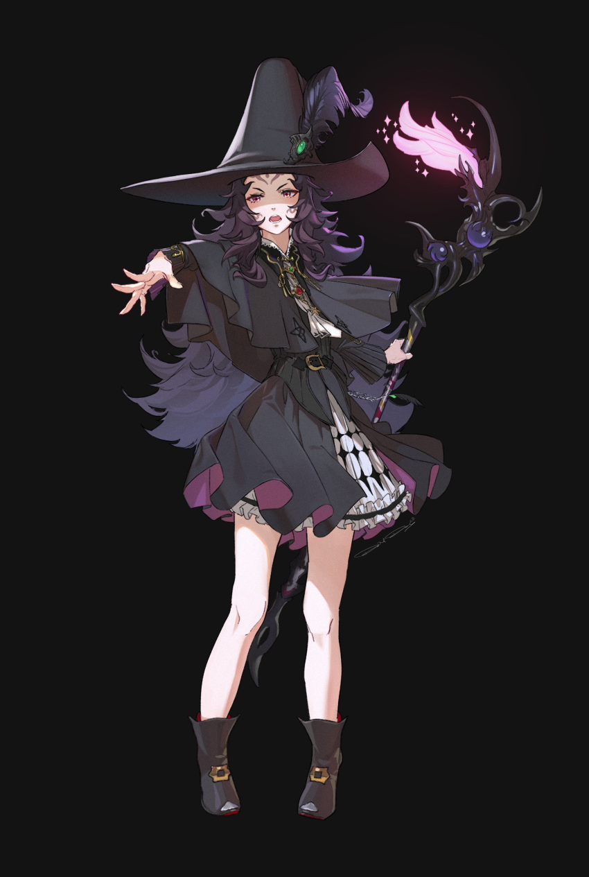 1girl absurdres black_background black_mage black_mage_(cosplay) cosplay crossover daniel_deng english_commentary fantasy final_fantasy final_fantasy_xiv fire_emblem fire_emblem_fates hat highres holding holding_staff long_hair nyx_(fire_emblem) open_hand open_mouth pink_eyes purple_hair solo staff very_long_hair witch_hat